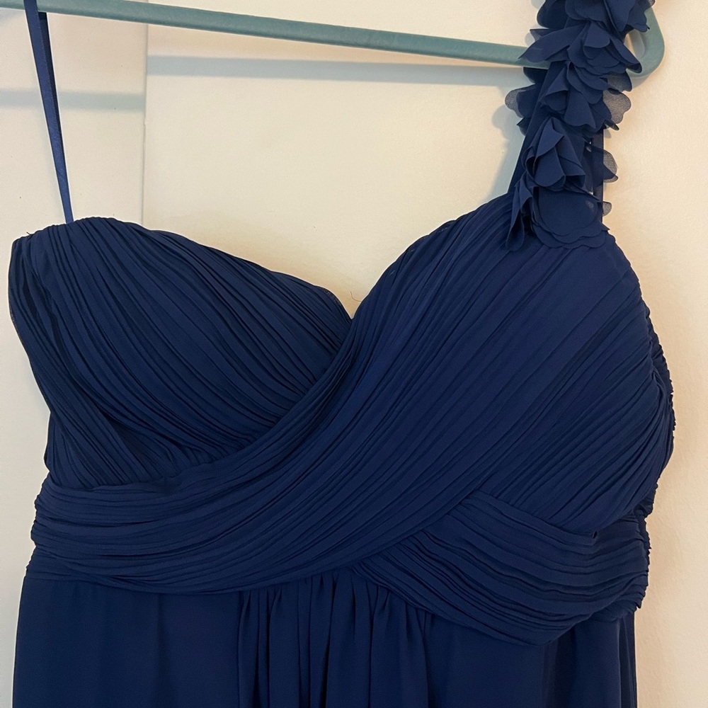 Sweet Pleated Bodice One Shoulder Chiffon Bridesmaid Dress, size 12, navy blue
